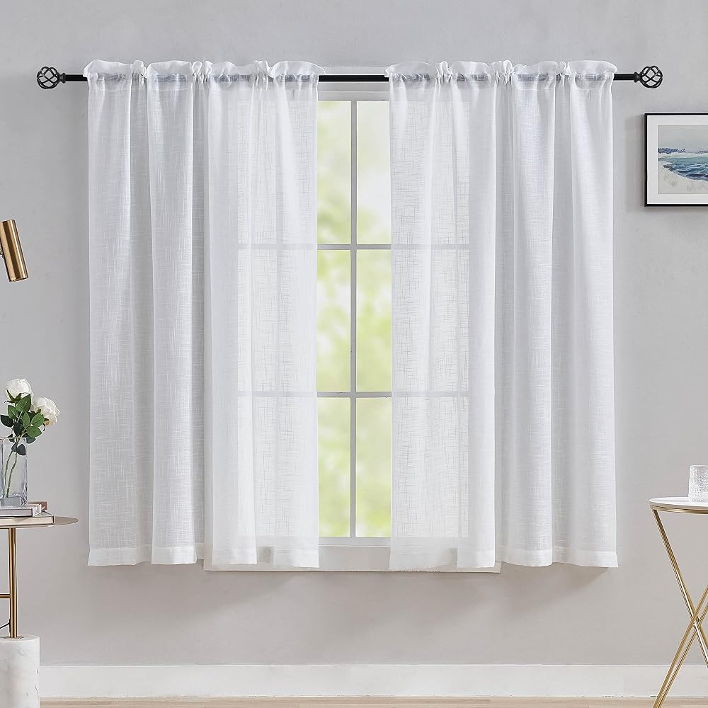 Home Brilliant White Linen Look Curtains Voile Panels 54x45 Set of 2 Rod Pocket