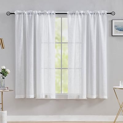 Home Brilliant White Linen Look Curtains Voile Panels 54x45 Set of 2 Rod Pocket