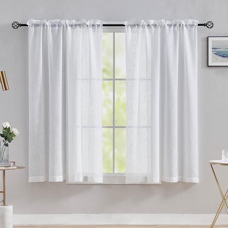 Home Brilliant White Linen Look Curtains Voile Panels 54x45 Set of 2 Rod Pocket