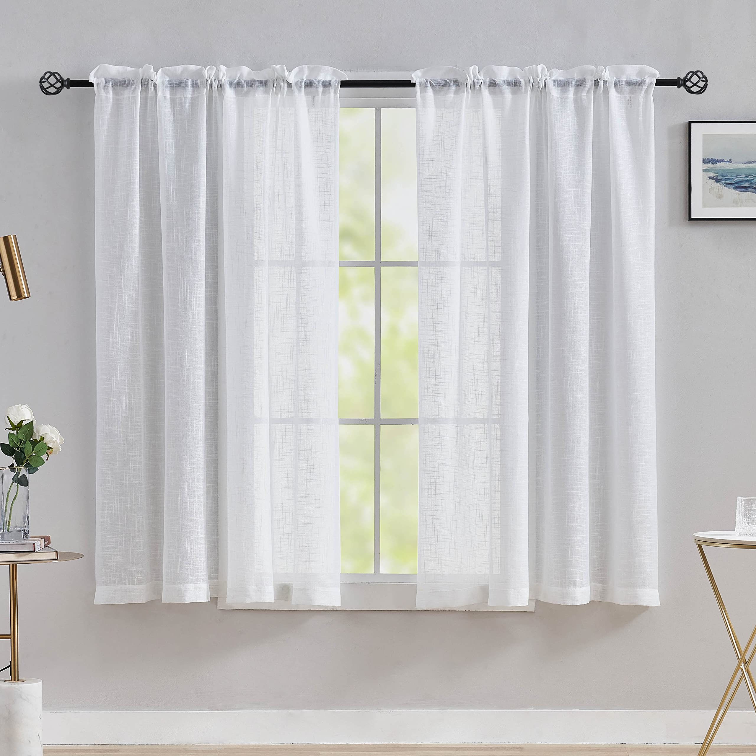 Home Brilliant White Linen Look Curtains Window Voile Panels Sheer Curtains for Bedroom Kitchen Closet Tier Curtains Rod Pocket, Set of 2, 54 Inch x 45 Inch