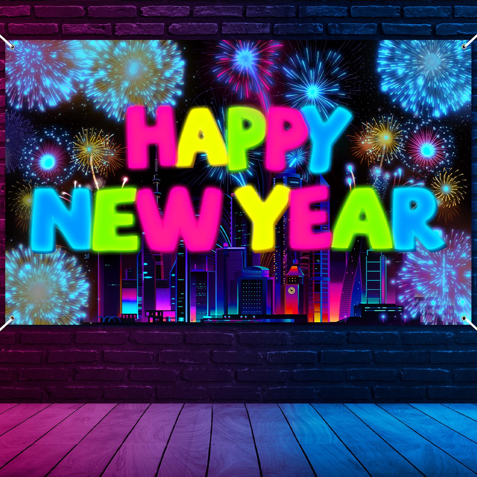 HOWAF Neon New Years Eve Decorations 2026 Banner, Neon Happy New Year Banner Backdrop Wall Fabric Background Photo Booth Props for NYE Party Decorations 2026, 185 x 110 cm — image 1