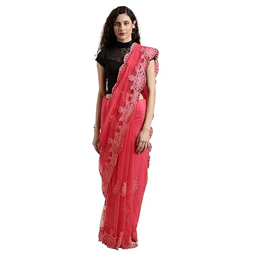 Womanista net with Blouse Piece Saree (TI1096_ Pink_ One Size)