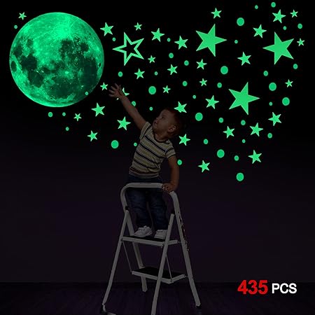 Konsait Leuchtsticker Wandtattoo, 435pcs Leuchtsterne Punkten und Mond Wandsticker Wandaufkleber DIY für Schlafzimmer Jungen 