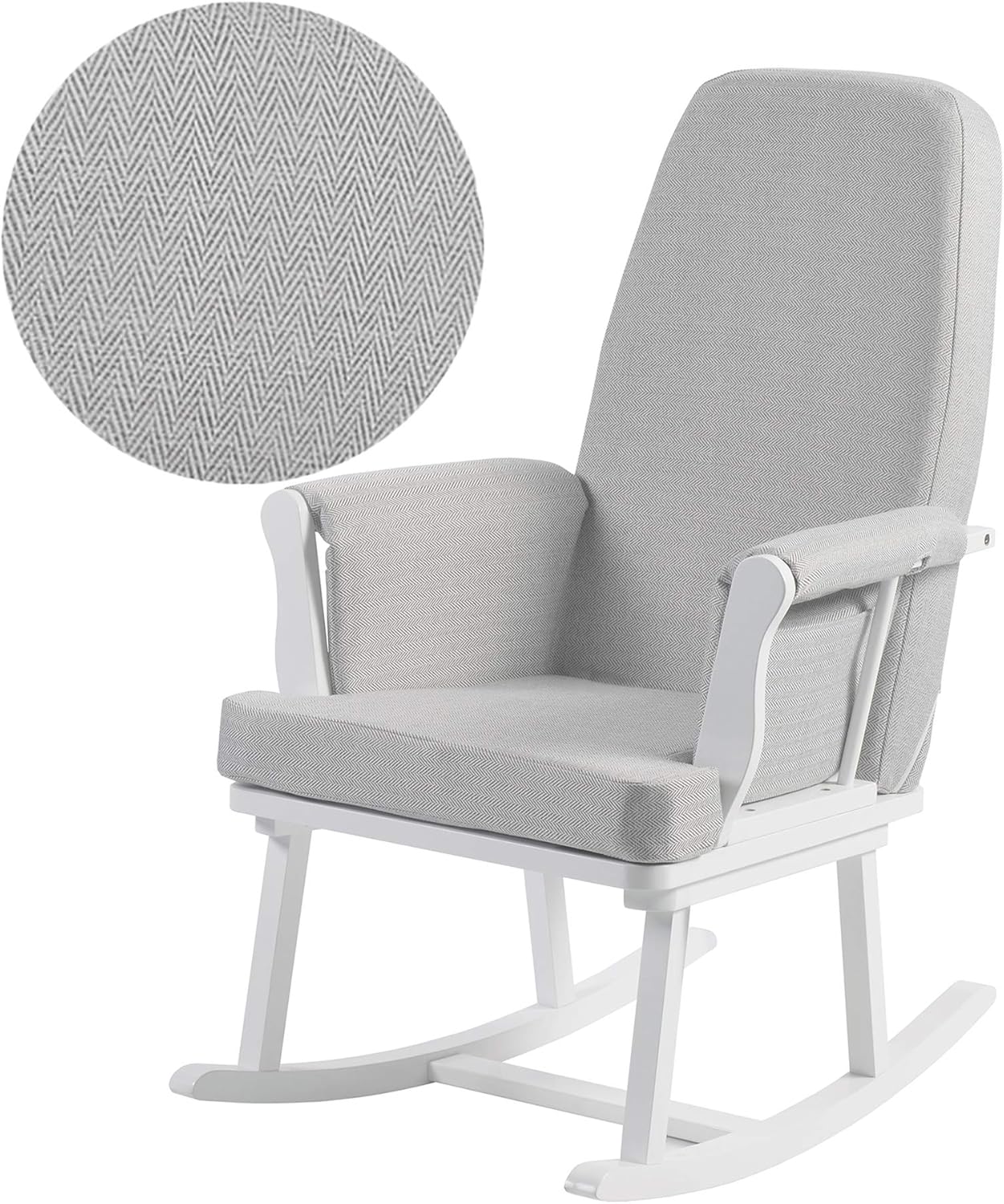 Kub Haldon Nursing Rocking Chair (White&Grey Chevron) - Padded Cushions with Storage Pocket, Smooth Rocking Motion