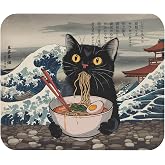 Black Cat Ramen Mousepad &ndash; Japanese Great Wave Art Desk Mat | Kawaii Anime Mouse Pad for Gaming, Office &amp; Desk Decor | Non-Slip Rubber Base