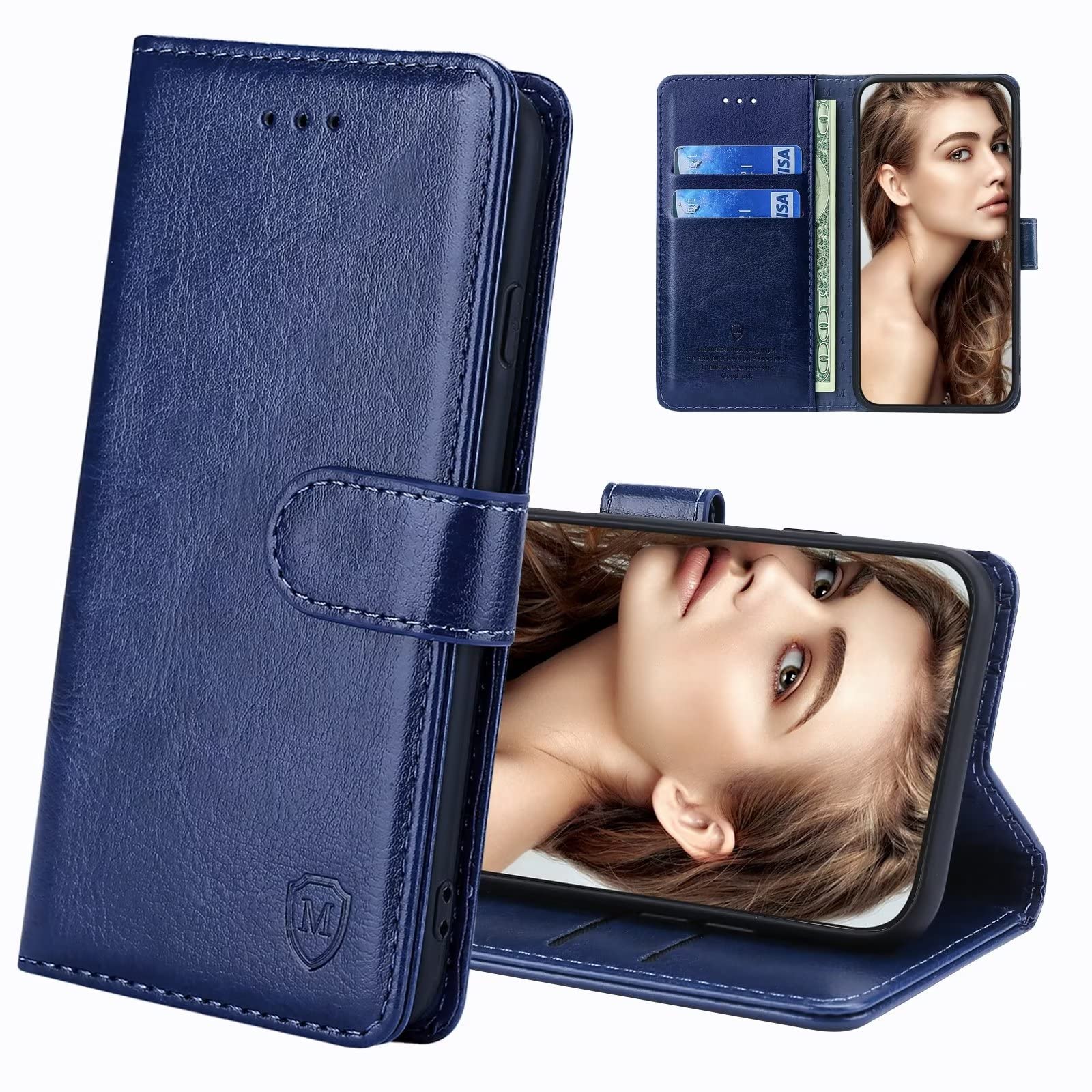 FMPCUON Case For Oppo A57S,High-grade Leather Flip Wallet Phone Case Cover for Oppo A57S Inches [Card Slots] [Kickstand] [Magnetic Closure]-(Blue)