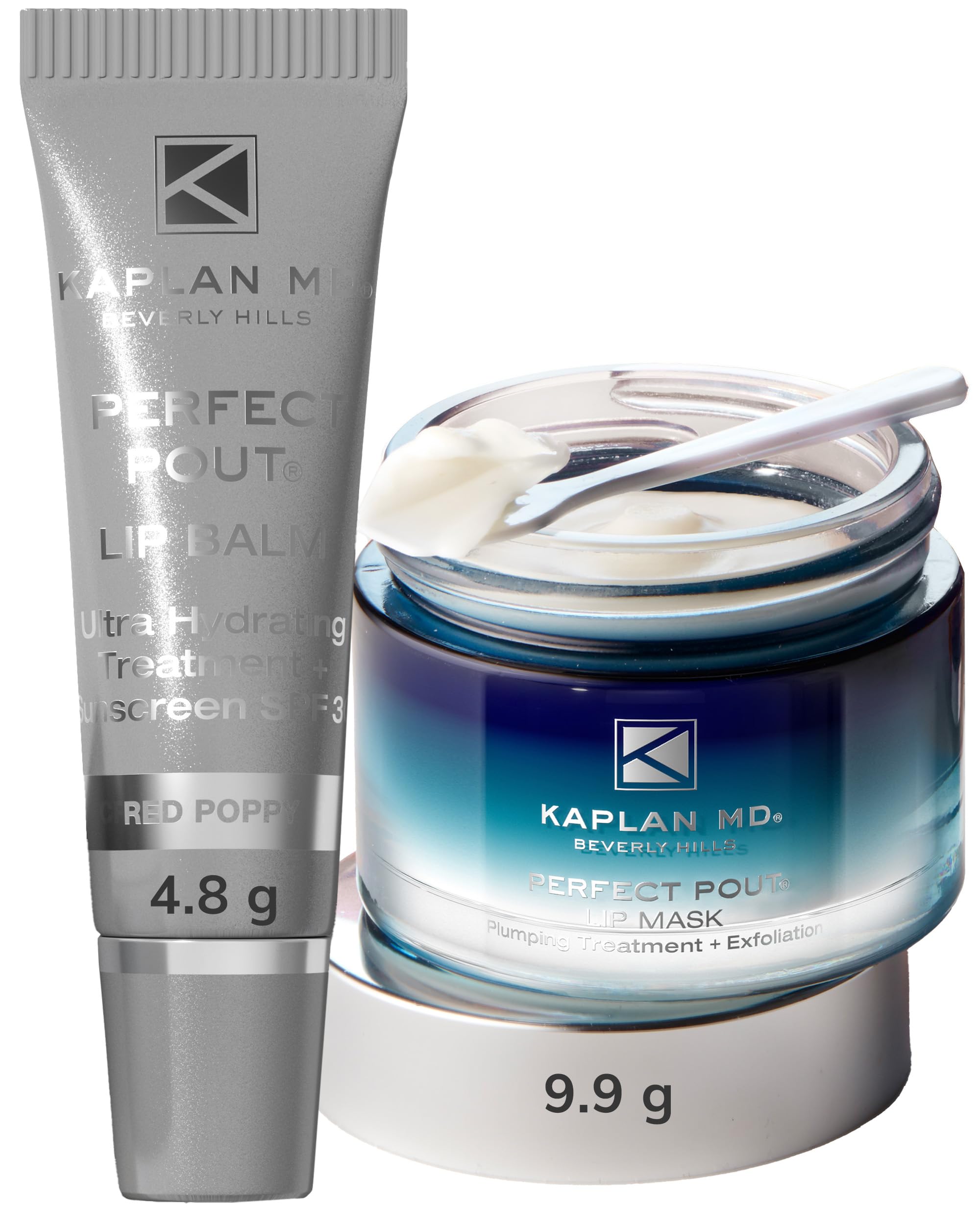 KAPLAN MD Perfect Pout Lip Mask & Lip Balm Duo - SPF 30 Hydrating Treatment with Hyaluronic Acid - Boosts Collagen Synthesis for Dry, Ageing Skin - Red Poppy - Mask (10g) + Balm (5g)