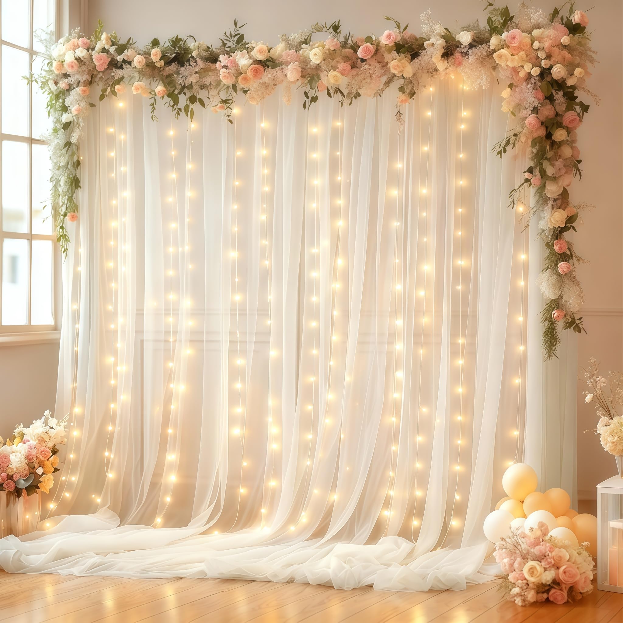 Photo 1 of 10x10FT White Wrinkle Free Backdrop Curtains with Lights String for Parties - Photo Curtain Backdrop with Lights for Wedding Decorations, Bridal Baby Shower Birthday Party Photography Background