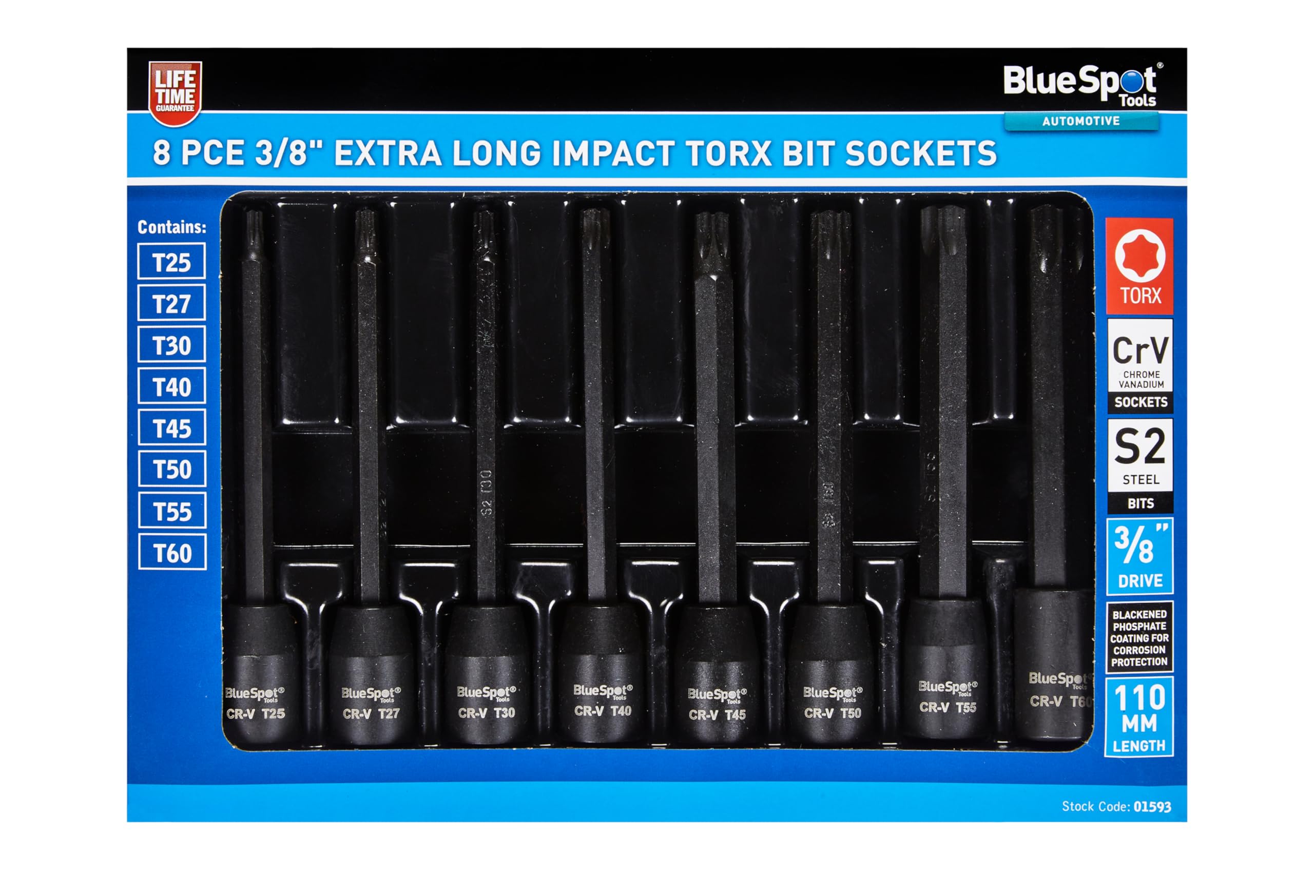Blue Spot Tools 8PCE 3/8" Extra Long Impact Torx Bits Sockets (T25-T60)