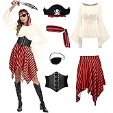 DARFULA 6 Pcs Womens Pirate Costume Renaissance Shirt Dress with Head Scarf Waist Belt Medieval Costume Accessory Sets