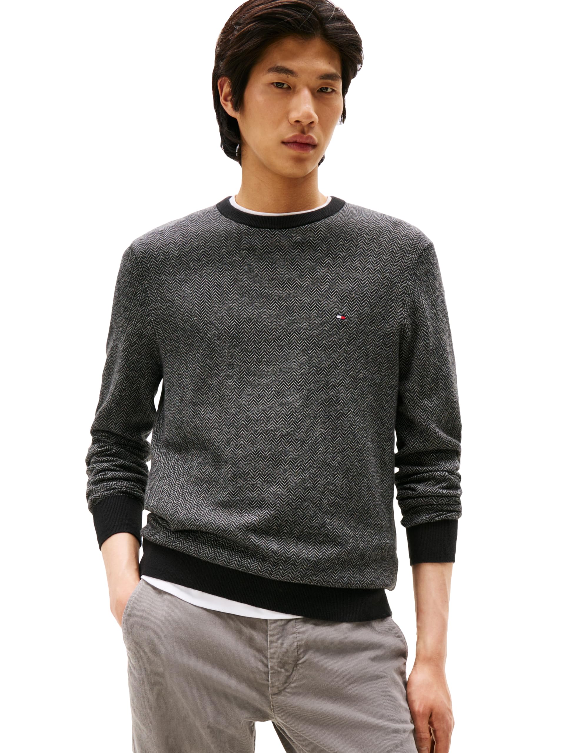 Tommy Hilfiger Men’s Cotton Cashmere Crewneck Sweater, Black/Medium Grey Heather XX-Large