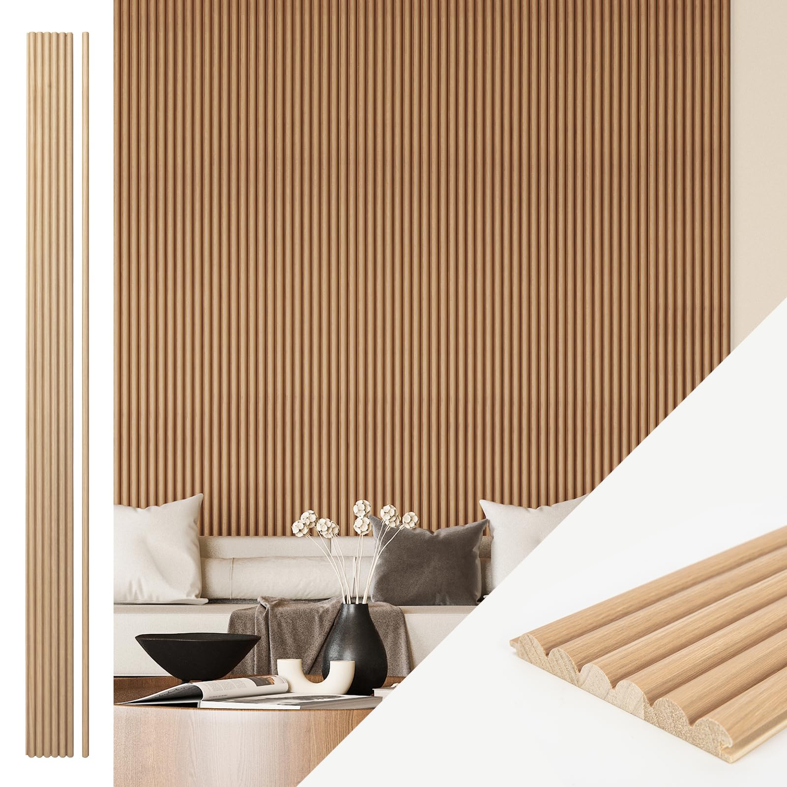 Photo 1 of Art3d Fluted Wood Panel for Wall and Ceiling, Beaded Accent Molding for Home Decoration, Pack of 4pcs + 1pc End-Trim, Size 108 x 5.7in.- Beaded Oak