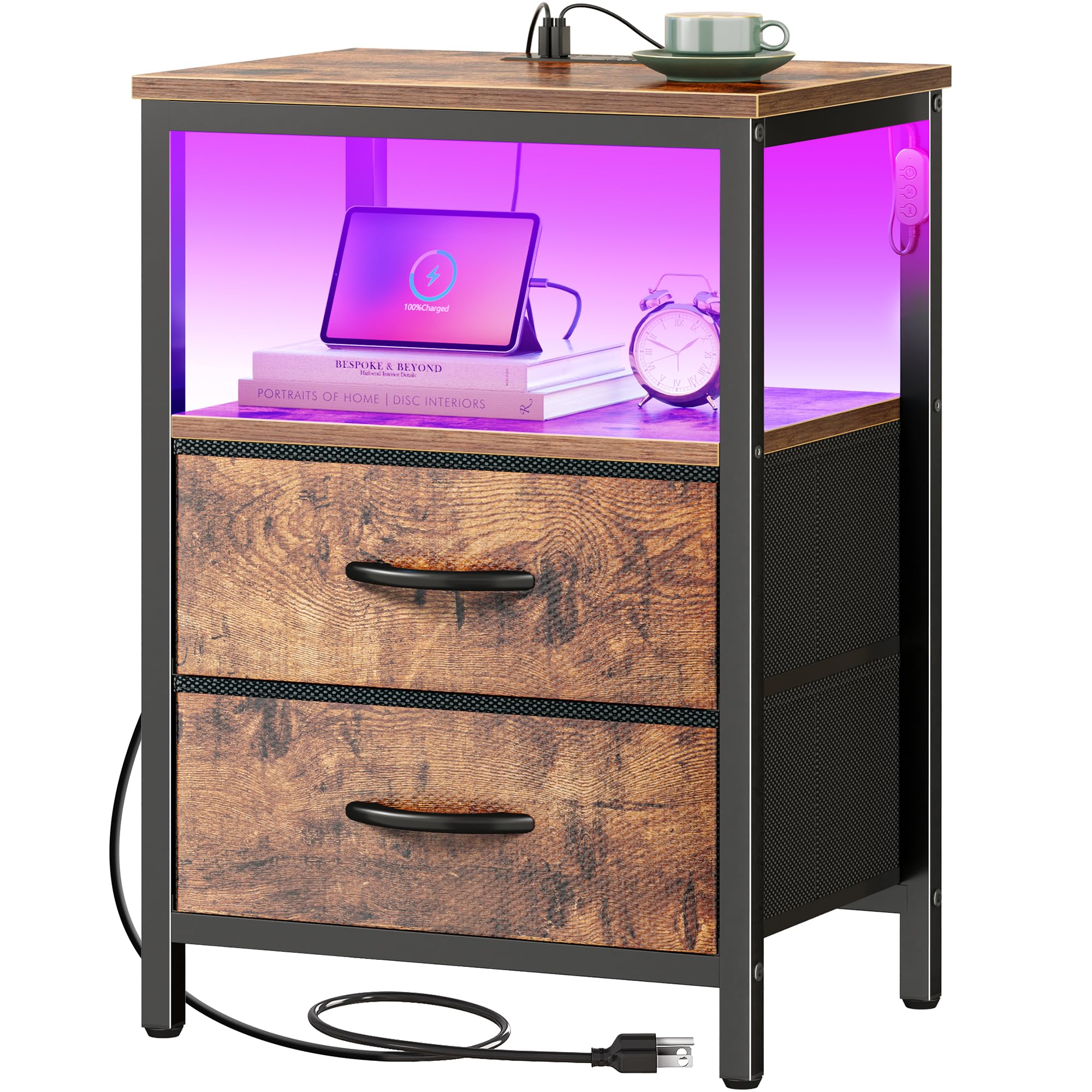 Photo 1 of Huuger Night Stand with Charger Station and LED Lights, 2 Drawer Nightstand, Bed Side Table with Open Shelf, End Table, Fabric Dresser for Bedroom, Rustic Brown