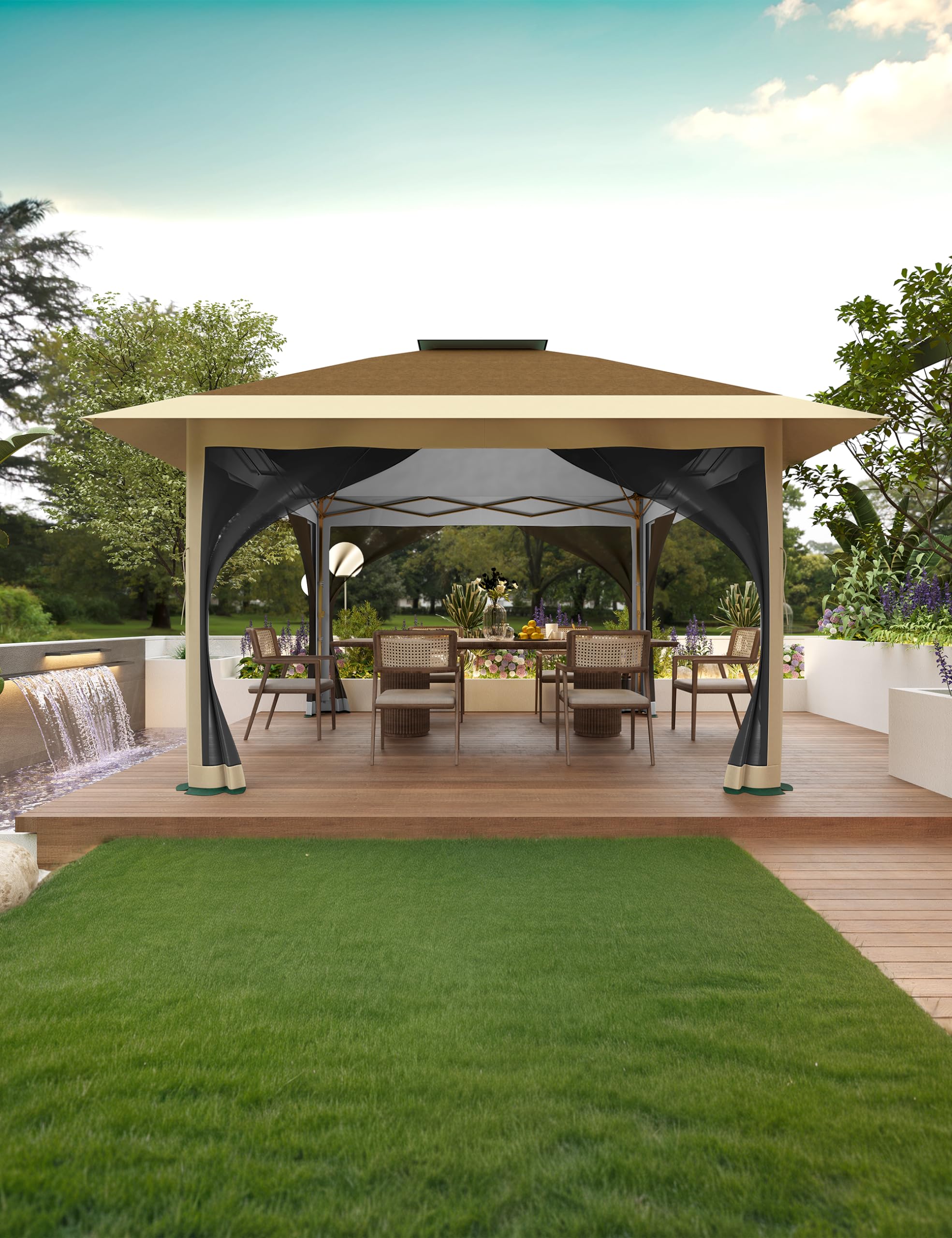 Photo 1 of 12' x 12' Outdoor Gazebo, Heavy Duty Double Roof Patio Gazebo with Netting and Curtains, Outdoor Patio Canopy for Deck Backyard Garden Lawns, Khaki & Dark Khaki