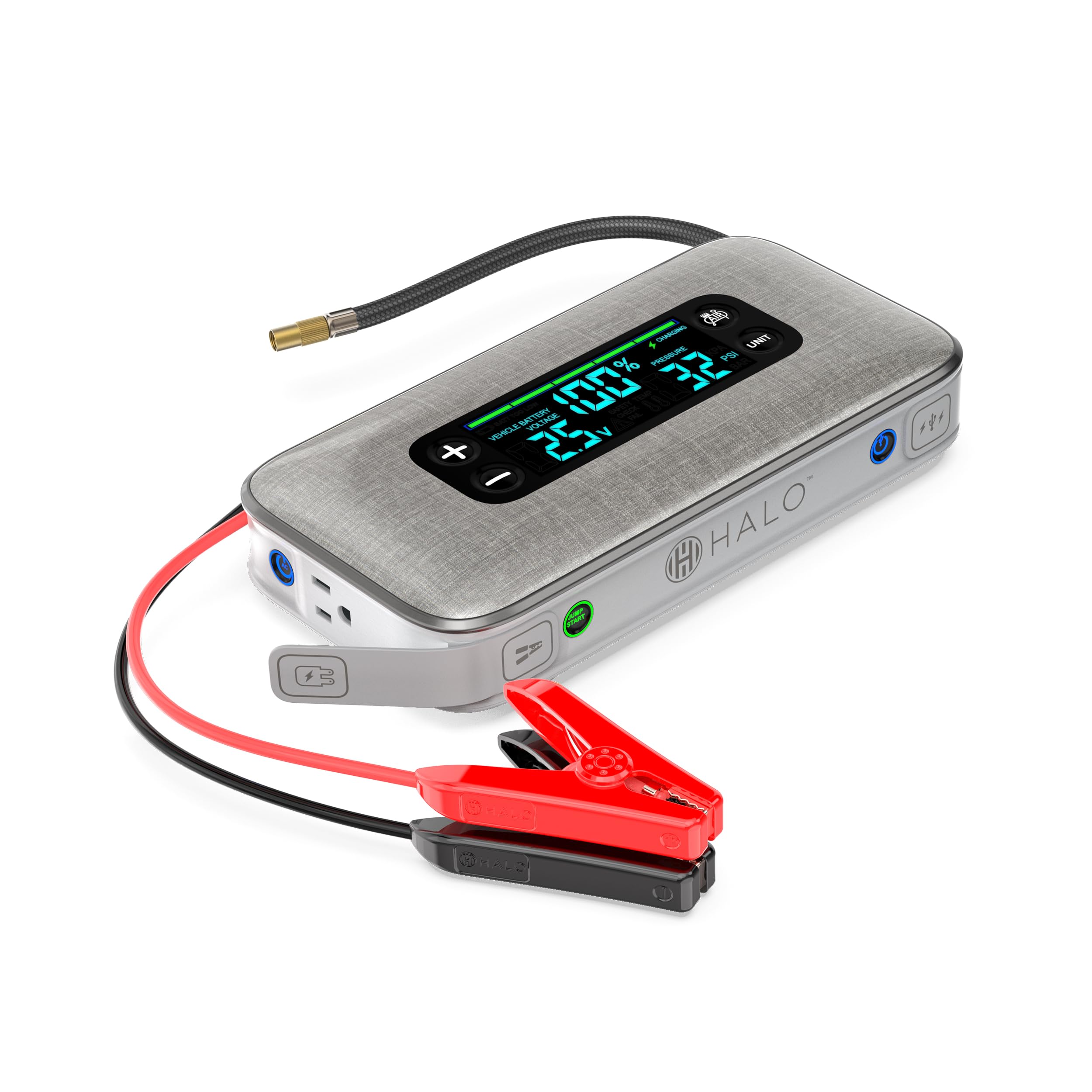 HALO Bolt Ultimate 3 Portable Car Battery Jump Starter | 130 PSI Air Compressor, 55.5Wh USB Power Bank, Large Display, Emergency Floodlight & Charger, Jumps Cars SUVs & Trucks, Inflates Tires — Silver Image HALO Bolt Ultimate 3 Portable Car Battery Jump Starter | 130 PSI Air Compressor, 55.5Wh USB Power Bank, Large Display, Emergency Floodlight & Charger, Jumps Cars SUVs & Trucks, Inflates Tires — Silver Image