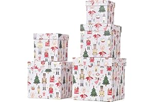 PAPER FAIR 5PCS Christmas Nesting Gift Boxes with Lid, Xmas Nested Box Set, 5 Sizes, Square Stackable, White Ballerina Nutcracker Paper Box Tower Décor, for Holiday Thanksgiving New Year Packaging