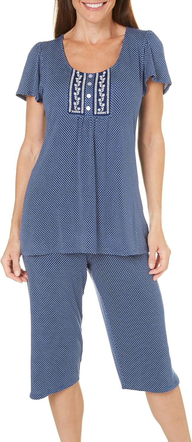 ARIA Women's Jersey Capri Pajama Set, Navy Dot, L at Amazon Women’s