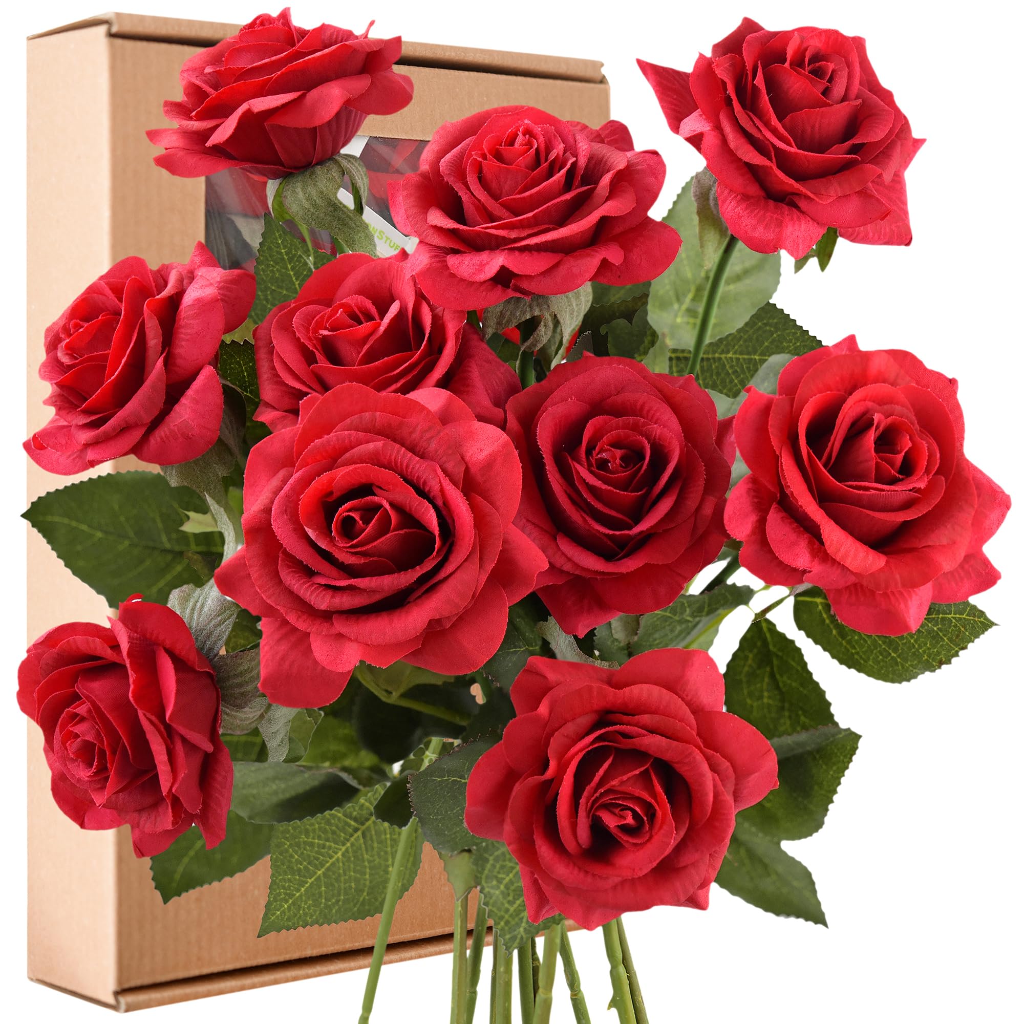 FiveSeasonStuff 10 Stems Real Touch Roses Artificial Flower Silk Roses ‘Petals Feel and Look like Fresh Roses' Bouquet of Flowers Floral Arrangements (Red #6) — image 1