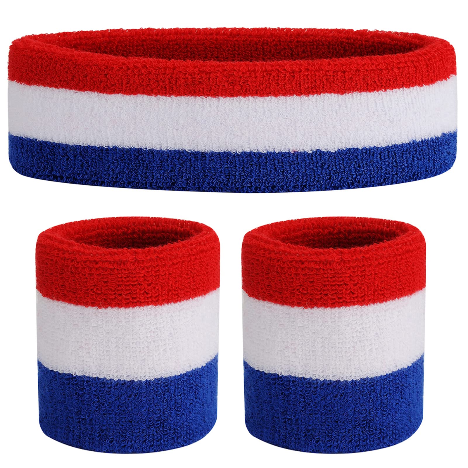 ONUPGO Kids Sweatbands Headband Wristband Set - Athletic Cotton Sweat Band for Sports (1 Headband + 2 Wristbands) (Red/White/Blue)