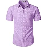 ZEROYAA Men's Knit Shirt Vintage Slim Fit Short Sleeve Button Down Shirts Summer Vacation Beach Tops
