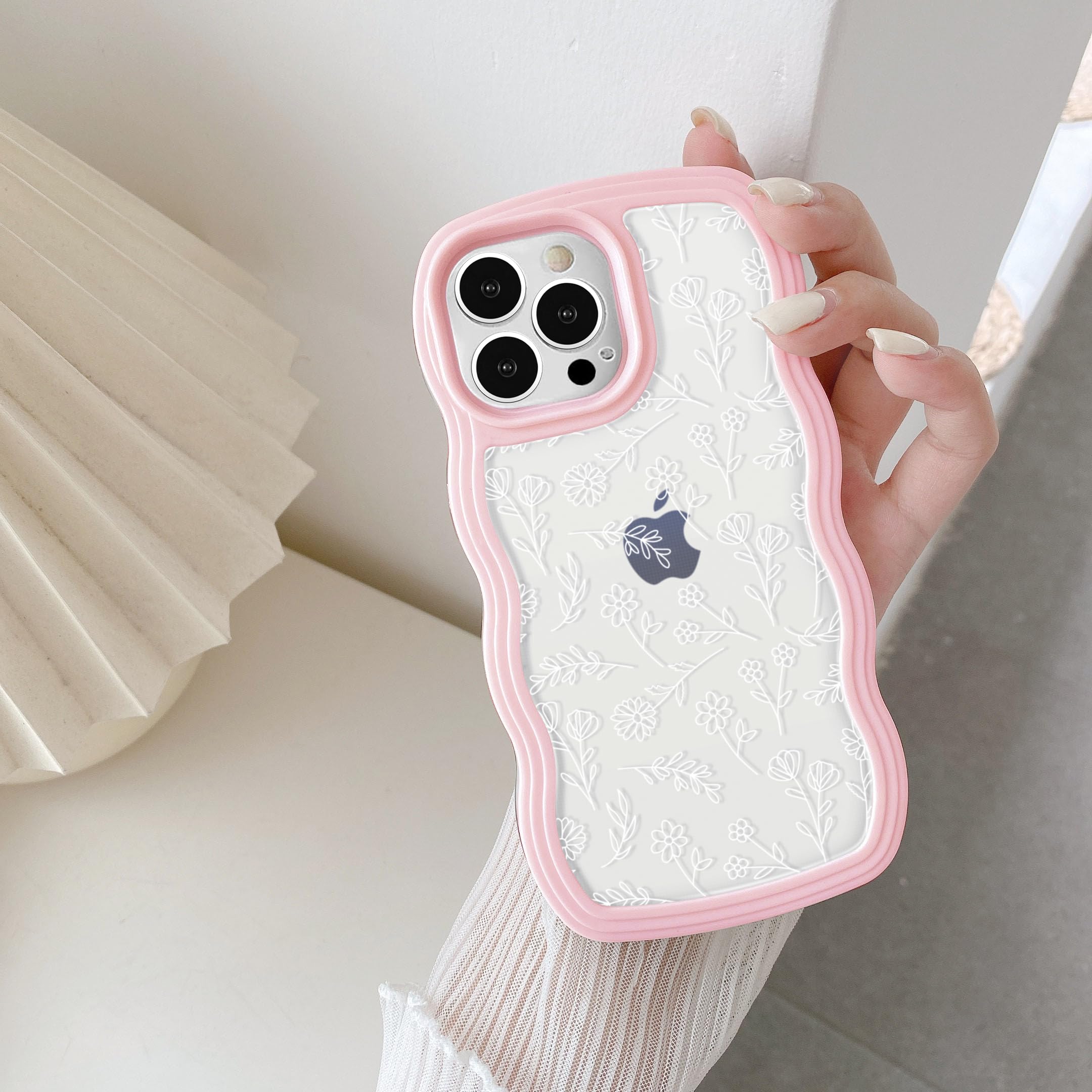 QLTYPRI for iPhone 14 Pro Max Case, Cute Curly Wave Frame Clear Case for Girls Women, Flower Clear TPU Bumper Soft Silicone Shockproof Protective Phone Cover for iPhone 14 Pro Max - White Floral/Pink — image 1