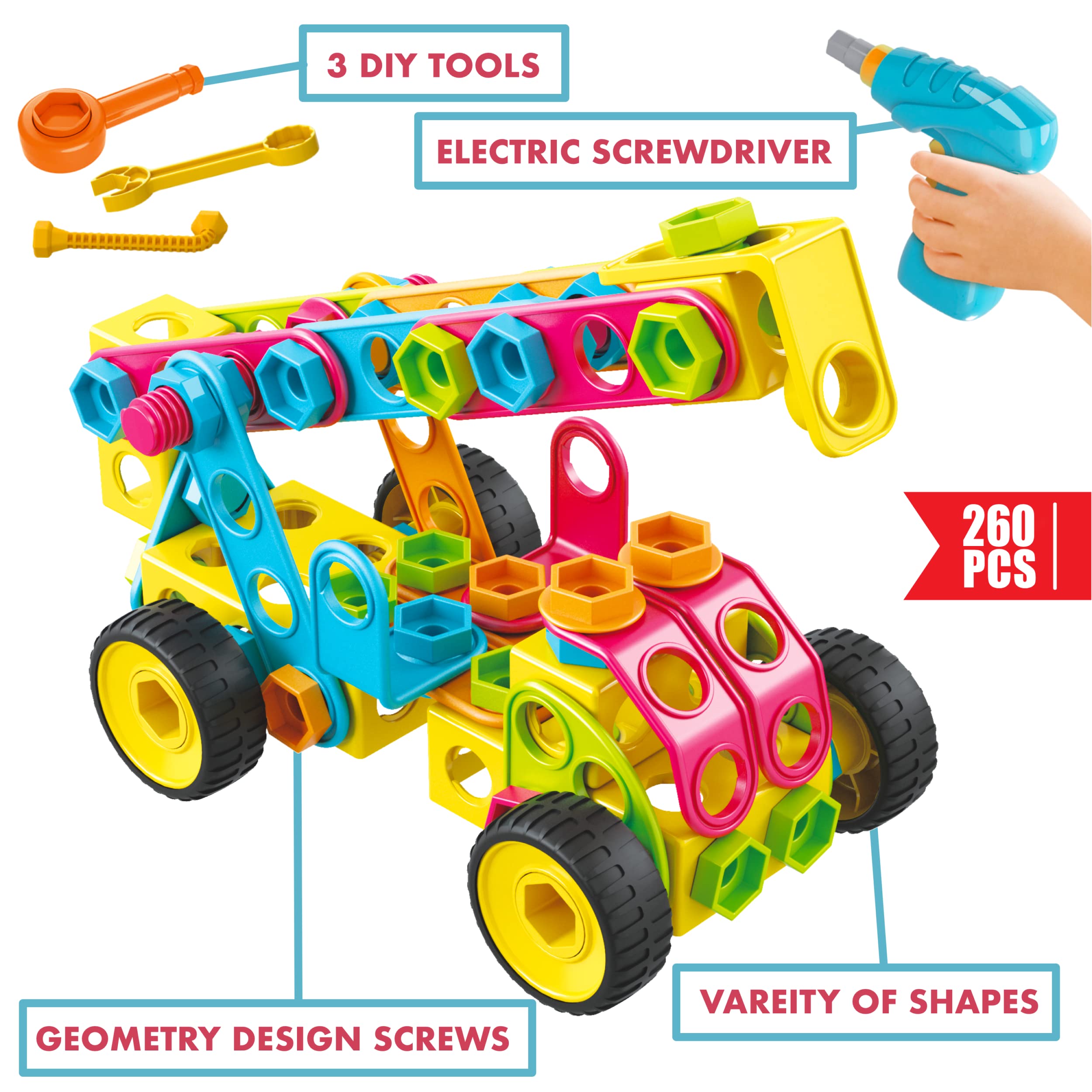 MÖBIUS Toys 260 Piece STEM Learning Toys Kids Construction Engineering Kit Building Block Toy Blocks Children Early Education Playset Power Drill w/Free IdeaBook, Clickable Ratchet, Age 3+