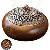 CHSEEO 3 in 1 Wooden Incense Burner with Holder for Sticks, Cones and Coils | Walnut Wood Ash Catcher, Exquisitely Carved Copper Lid, for Yoga, Sleep Aid, Zen Meditation in Home, Teahouse, Temple