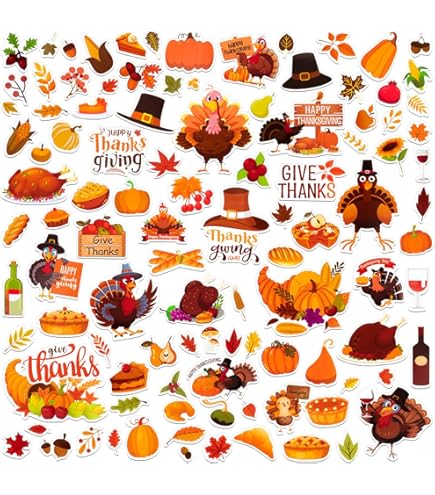 Pegatinas De Acción De Gracias - 16 Hojas Con Diseños De Calabaza, Pavo, Hojas, Etc., Para Ventanas Y Decoración