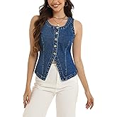 D-Sun Women Sleeveless Denim Vest Crewneck Button Down Jean Waistcoat Casual Front Slit Slim Denim Tank Top