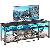 Furologee TV Stand with Power Outlets and LED Lights, 55 Inch Entertainment Center for 55 60 Inch TVs, Media Console Table with Open Shelves, for Bedroom, Living Room, Black