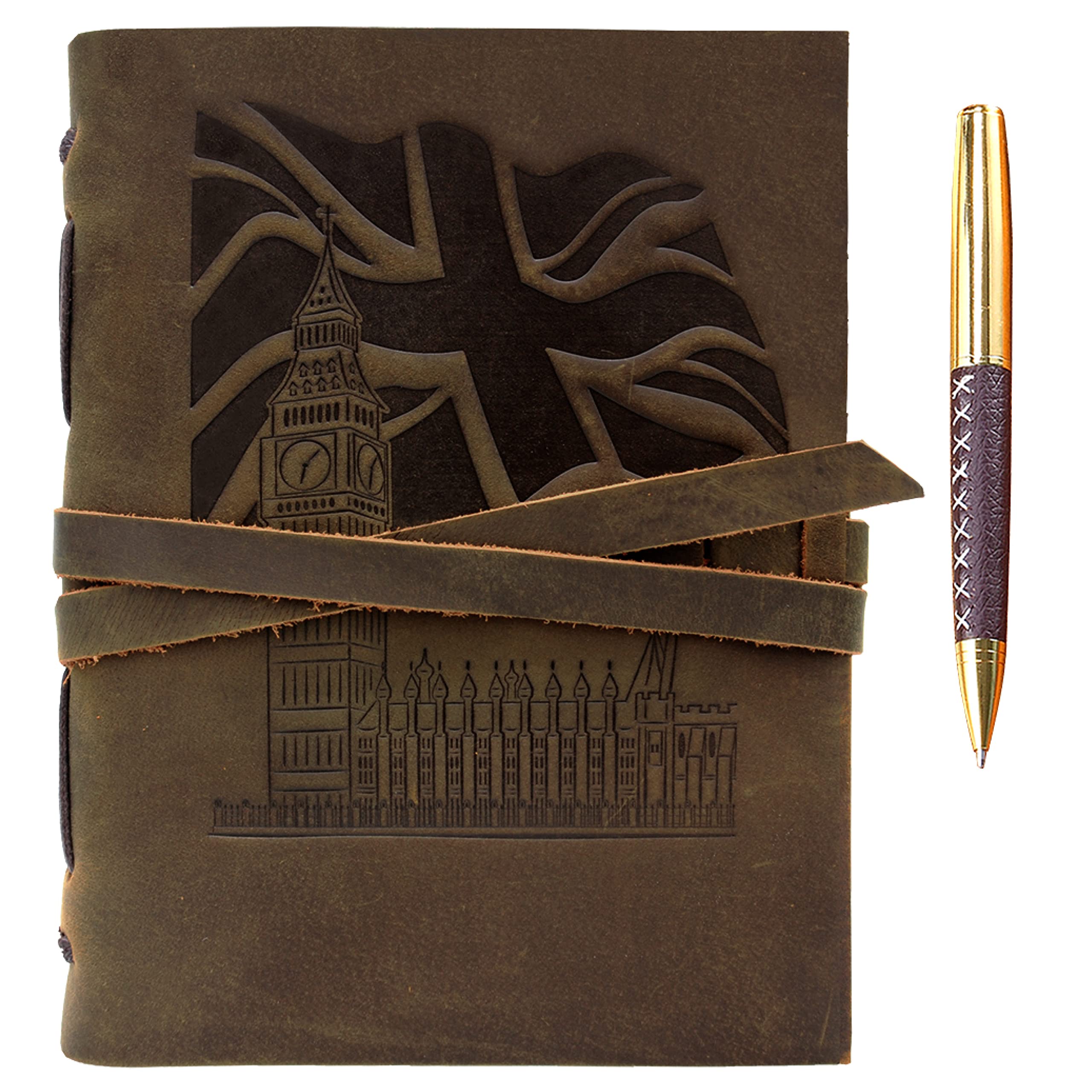Leather Journal Union Jack Flag Big Ben Notebook Embossed Handmade Travel Diary | A5 Vintage Writing Bound Journal for Men for Women 6"x8" | Patriotic Genuine Leather Sketchbook + Pen, Plain Paper