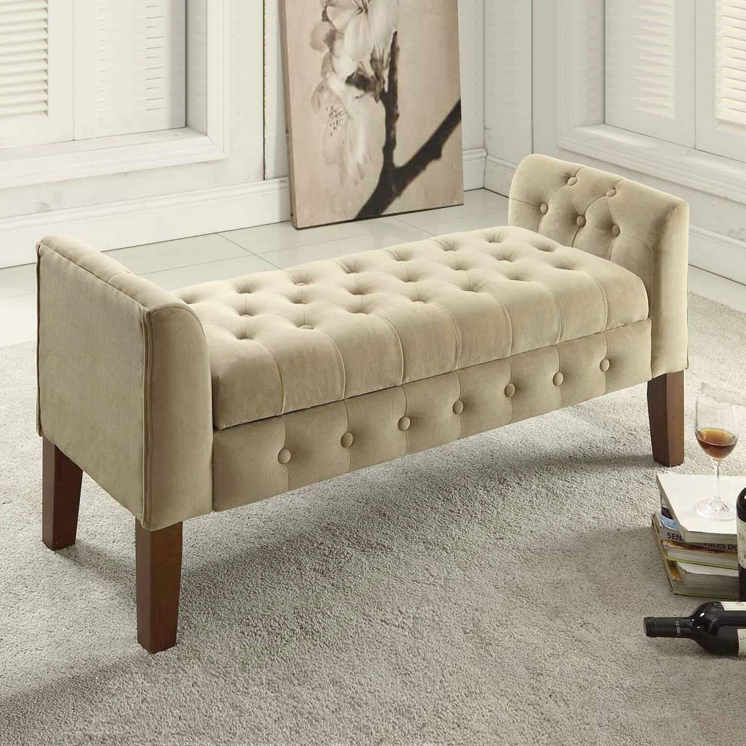 Kinfine Velvet Tufted Storage Bench Settee with Hinged Lid, Tan eBay