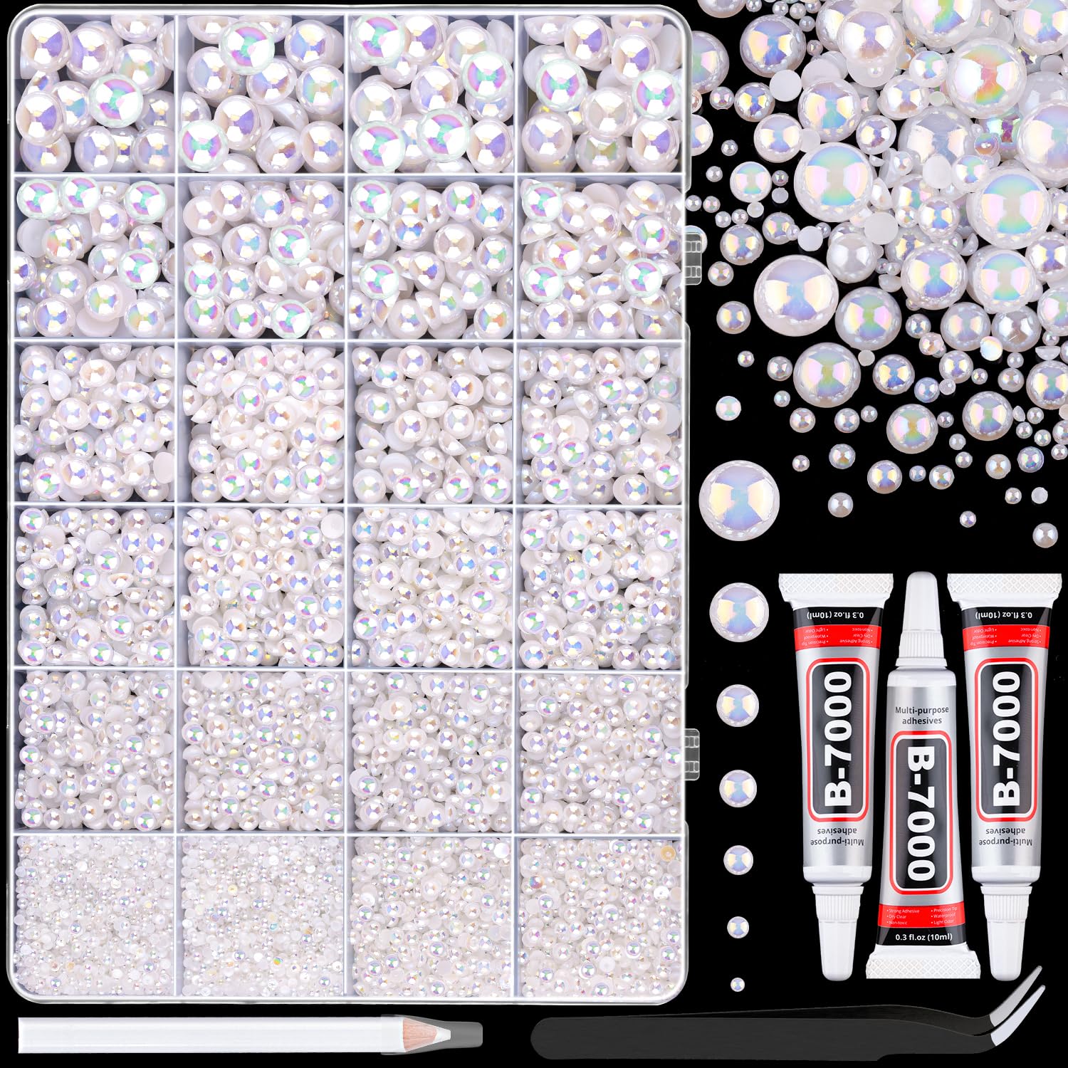 Photo 1 of 11000Pcs Flatback Pearls for Crafting (White AB), Assorted Size 2/3/4/5/6/8/10mm Half Pearl with 3Pcs 10ml B7000 Jewelry Glue, Bedazzling Bead for DIY Crafts Clothing Tumblers Shoes Nail Art
