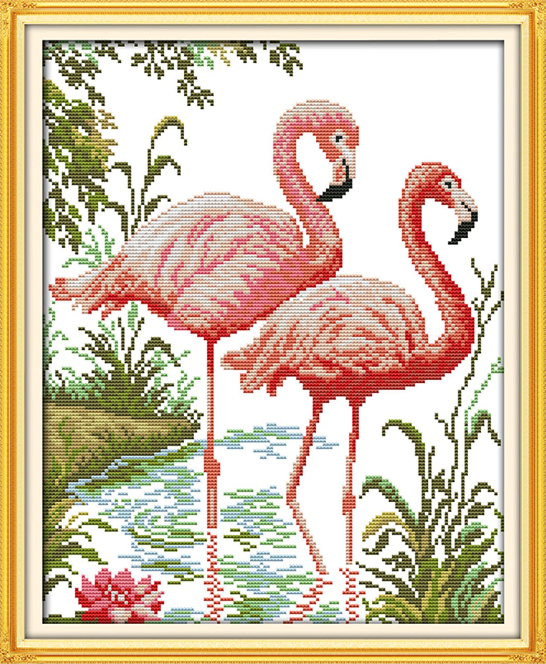 CaptainCrafts Cross Stitch Kits Stamped Cross Stitch Preprinted Fabric Cross Stitch DIY Art Embroidery Kits for Adults (Preprint 11CT, Two Flamingos)