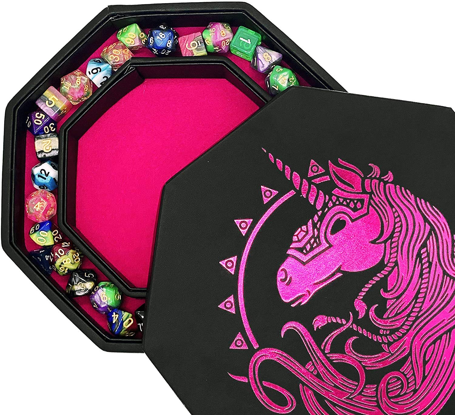Fantasydice- PINK - War Unicron- Dice Storage And Rolling Tray - 20CM Octagon with Lid and Dice Staging Area- Holds 5 Sets(7 Dice Set/Standard) for All Tabletop RPGs