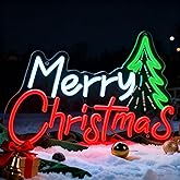 FRAMICS Merry Christmas Neon Sign for Wall Decor-10 Adjustable Brightness Light Up Christmas Decorations with Xmas Tree USB Powered Wall Neon Light for Windows, Living Room, Party, Office, Gifts