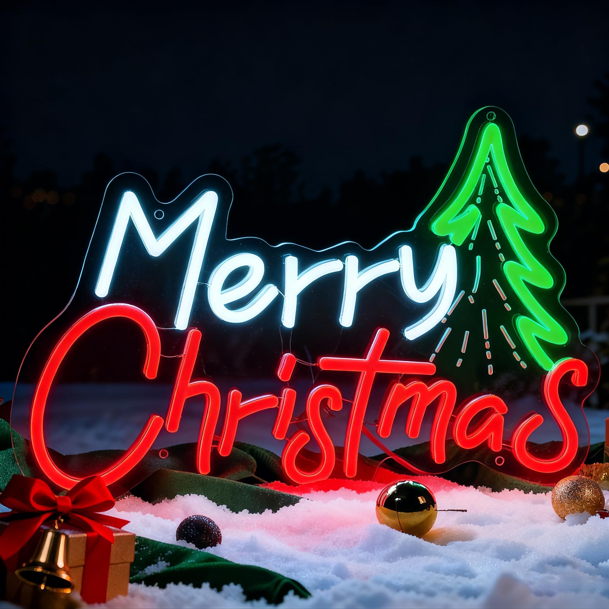 Photo 1 of FRAMICS Merry Christmas Neon Sign for Wall Decor-10 Adjustable Brightness Light Up Christmas Decorations with Xmas Tree USB Powered Wall Neon Light for Windows, Living Room, Party, Office, Gifts