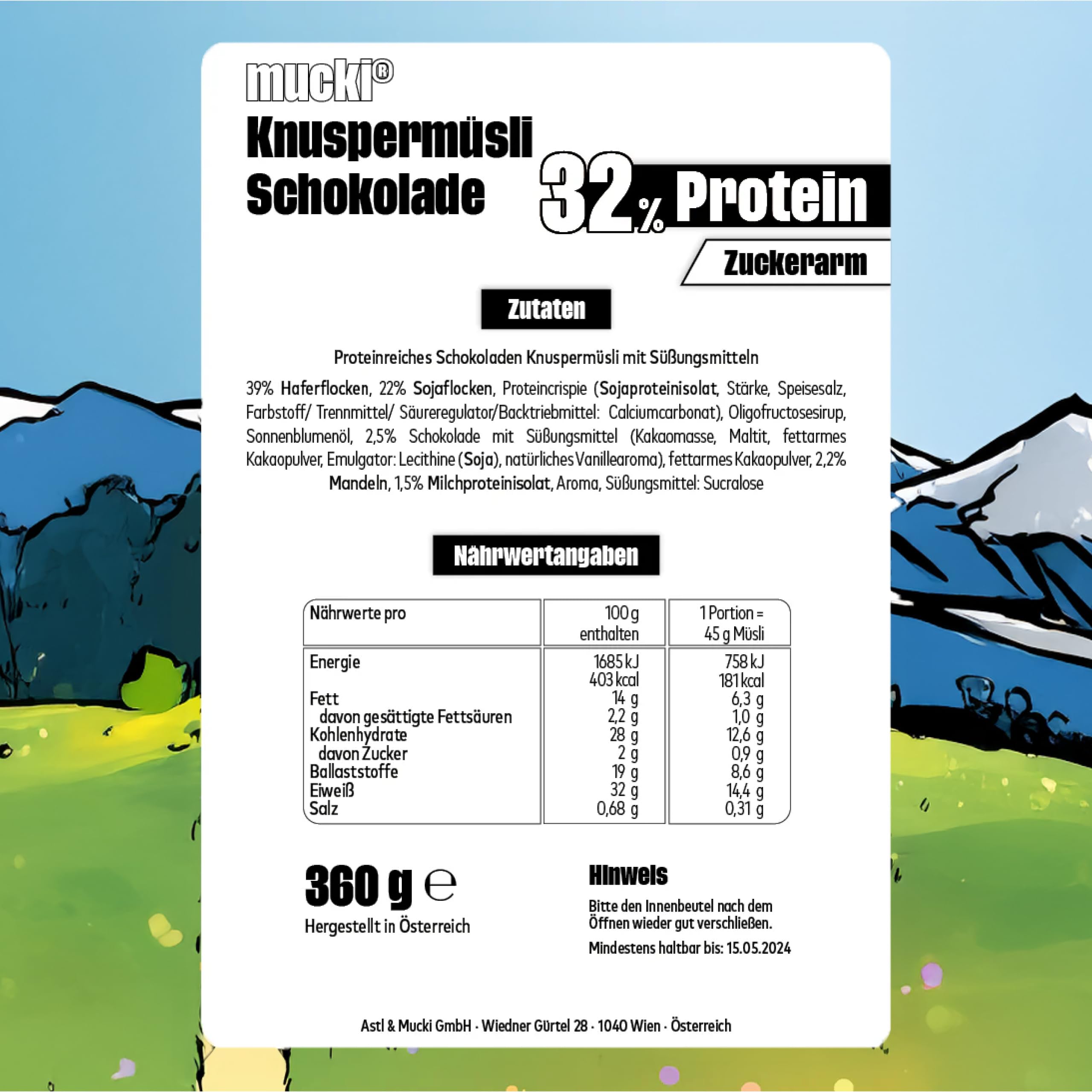 mucki Protein Knuspermüsli mit Schokolade 360g x 7-7er Pack – Hochwertiges Protein Müsli ohne Zucker – Proteinreiches Schokomüsli mit 32% Proteingehalt, Haferflocken, Sojacrispies und Ballaststoffen 2