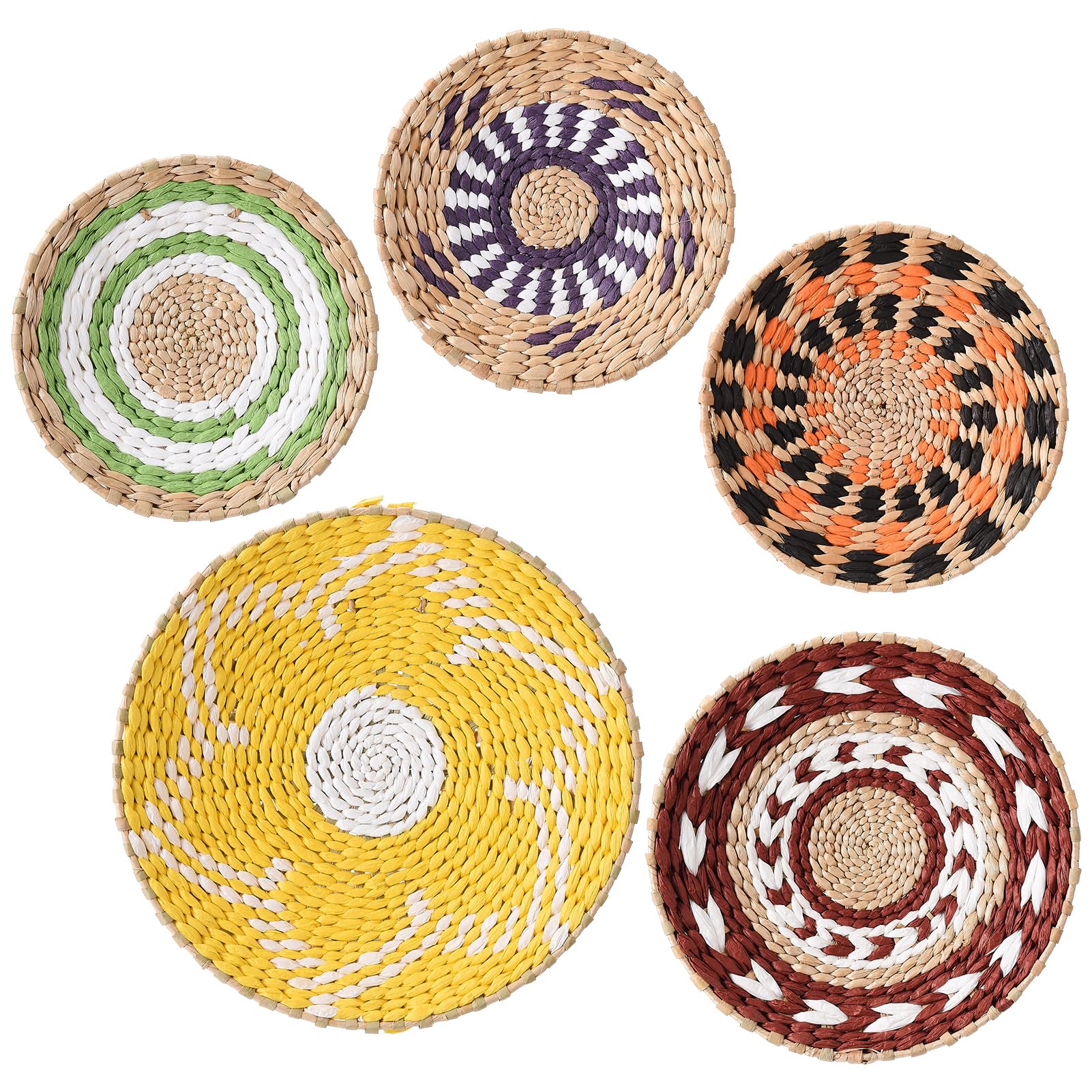 Mokylor Rattan Wall Basket Decor Set of 5, Hanging Woven Wall Basket Decor Seagrass Wall Art Decor, Round Boho Wall Basket Decor for Living Room or Bedroom, Unique Wall Art Decor(#1)