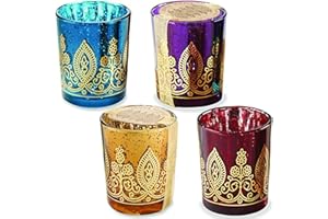 Kate Aspen Indian Jewel Henna Glass, Tealight Candle Holders Votives, Set of 4, Colors may vary