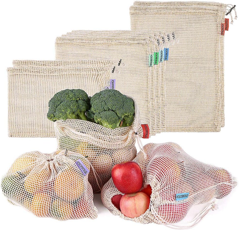 esonmus Reusable Produce Bags Organic Cotton Mesh Bag for Grocery 8pcs/Set Shopping Bag Organize Fruits and Vegetables Stitched Seams,Machine Washable, Eco-Friendly with Tare Tag