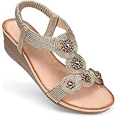 SHIBEVER Wedge Sandals for Women Low: Elastic Ankle Strap Open Toe - Dressy Bohemia Wedge Sandals - Comfortable Summer Size 9