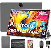 Android Tablet with Keyboard, 2026 Android 15 Tablet 10 inch, 26GB+256GB+2TB Expand, Electronic Tablet PC with Gemini, 8-Core, 8000mAh, 5G WiFi, GMS, 2 in 1 Tablet with Case/Mouse/Stylus(Silver Case)