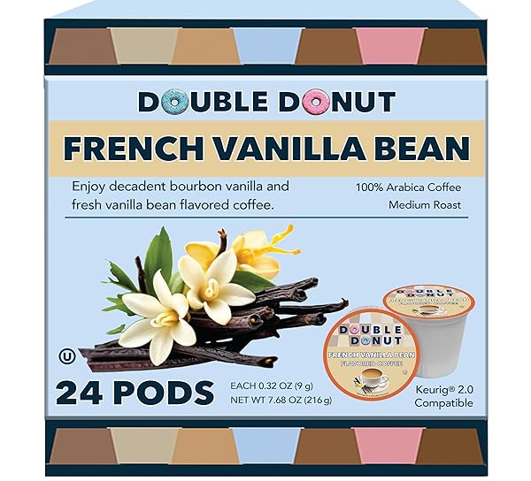 FRENCH VANILLA COFFEE PODS, VANILLA BEAN FLAVORED IN RECYCLABLE SINGLE SERVE VANILLA PODS FOR THE KEURIG K CUPS COFFEE MAKERS, MEDIUM ROAST, FROM DOUBLE DONUT – 24 COUNT