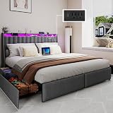 Doltoro Full Size Bed Frame with Headboard and 4 Storage Drawers, Upholstered Wingback Metal Platform Bed with LED Lights and Charging Station, No Box Spring Needed, Noise Free, Easy Assembly, Gray
