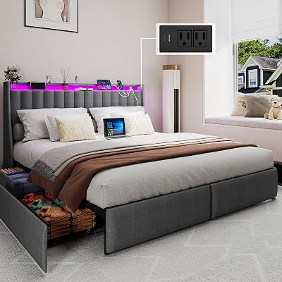 Doltoro Full Size Bed Frame with Headboard and 4 Storage Drawers, Upholstered Wingback Metal Platform Bed with LED Lights and Charging Station, No Box Spring Needed, Noise Free, Easy Assembly, Gray