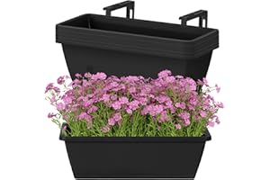 YBING Railing Planter Boxes 6 PCS Black Rectangle Railing Flower Box with Adjustable Bracket Window Deck Hanging Planters Box