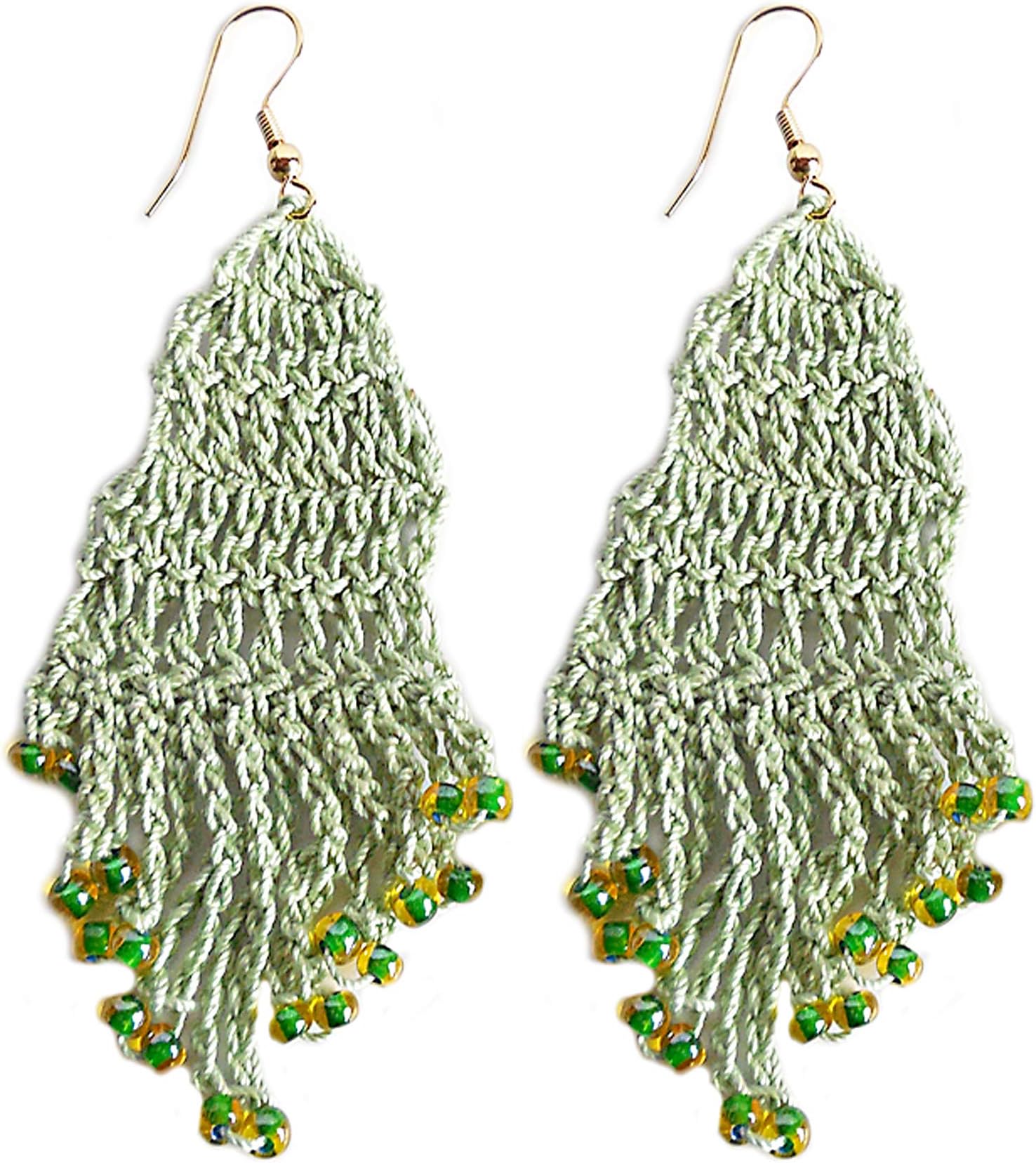 Sage Green Hippie Style Crochet Earrings With Beads