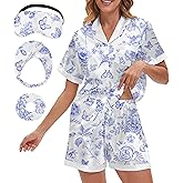 NOWDER Satin Pajama Set for Women Silk Pajamas Short Sleeve Shorts Button Down Pjs Sets Loungewear Sleepwear