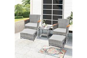 ARTBUSKE 5 PCS Outdoor Patio Furniture Set with Table&Ottoman Outdoor Furniture Patio Set Bistro Wicker Patio Set (Gray Wicker&Gray Cushion, 5PC - 2 Chair + 2 Ottoman + 1 Table)